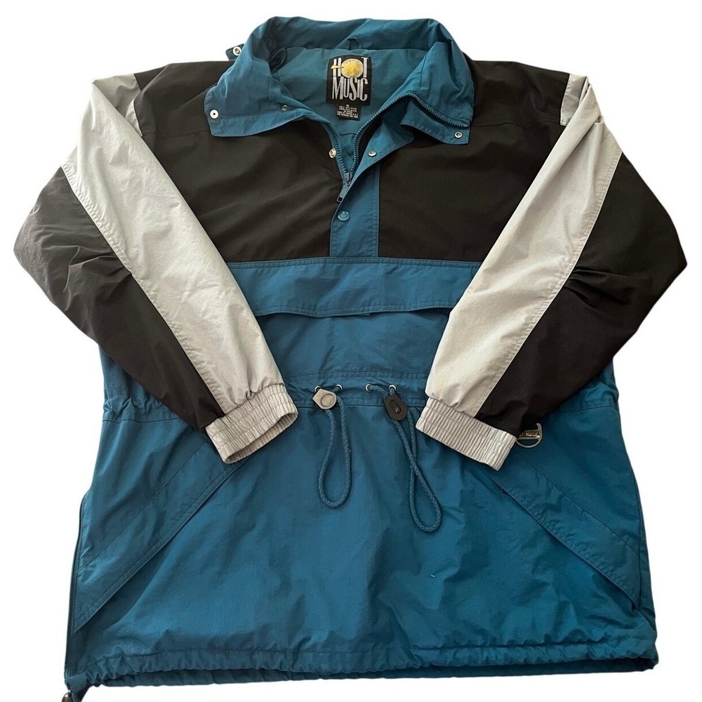 Vintage Hot Music Anorak Pullover Ski Jacket XL Color Block Hooded Windbreaker